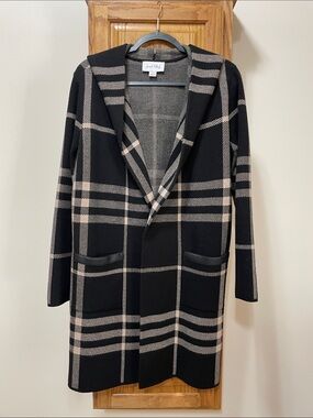 Joseph Ribkoff Black & Taupe Plaid Hooded Long Coat Size Medium